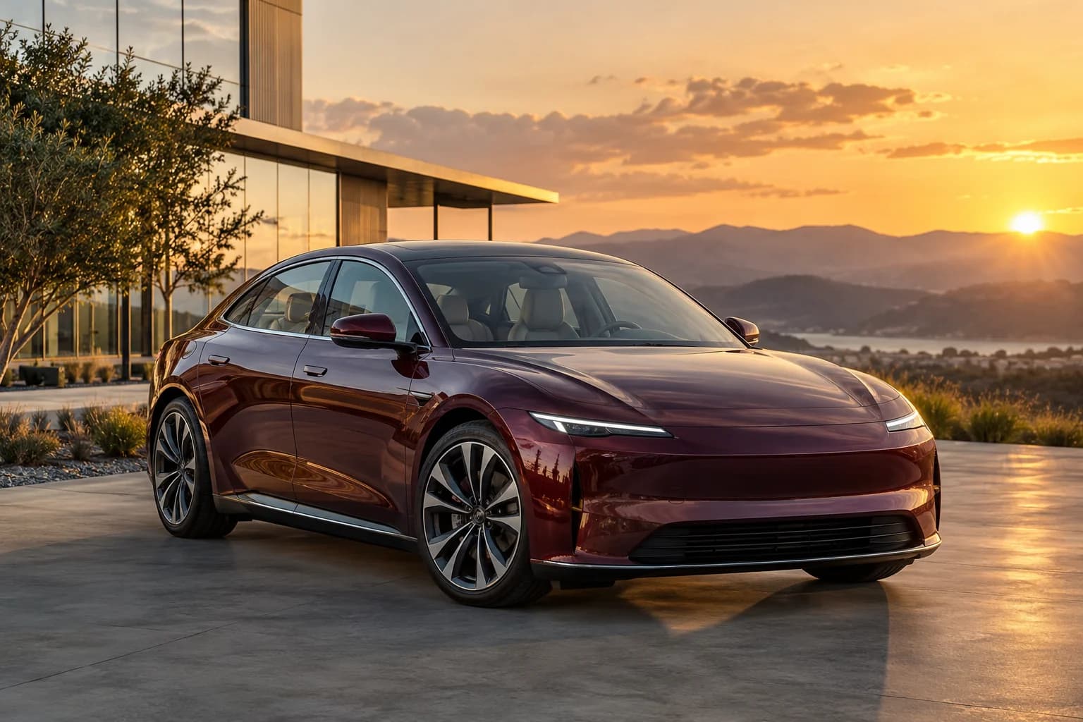 Burgundy vehicle outside an engineering facility at sunset