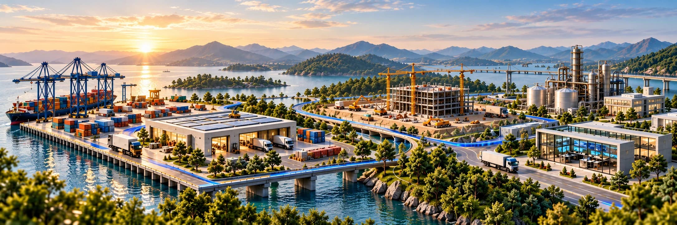 Coastal operating landscape linking a container port, logistics warehouse, construction project and processing facility through a blue route.