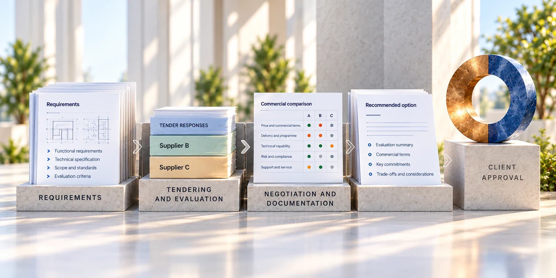 Documents and stone plinths connect requirements, tender comparison and recommended terms to a blue and brass client approval ring.
