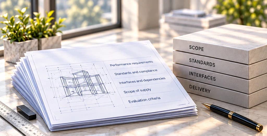 Technical requirements drawing with scope, standards, interfaces and delivery document stacks.