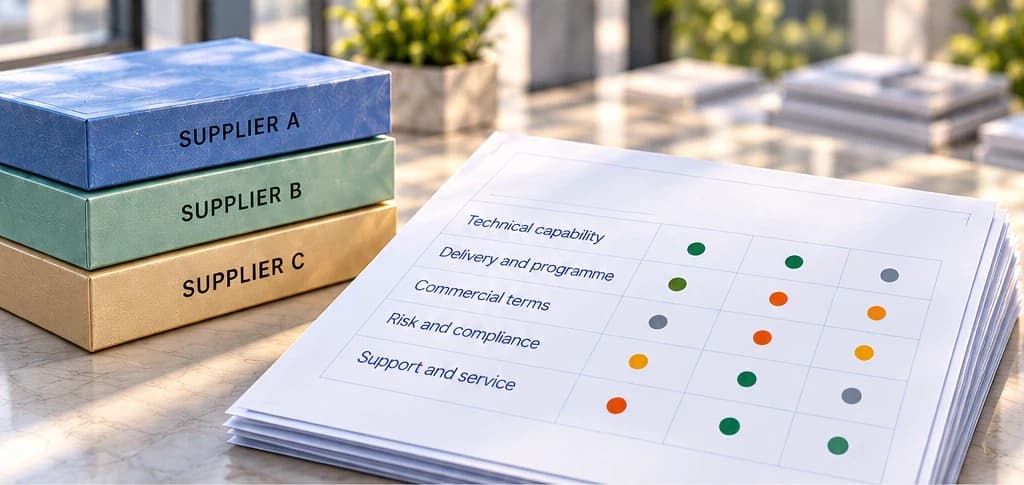 Three supplier document stacks beside a schematic evaluation matrix.