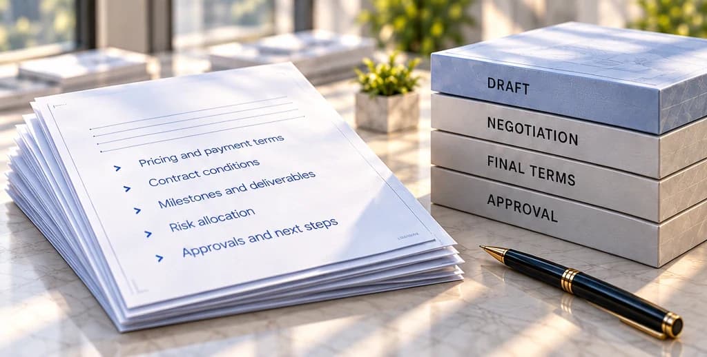 Commercial terms papers beside draft, negotiation, final terms and approval document stacks.