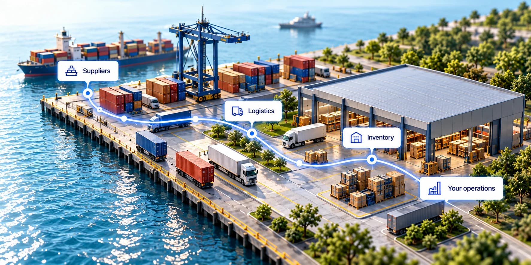 A blue route and four callouts connect supplier containers, truck logistics, warehouse inventory and operating needs.