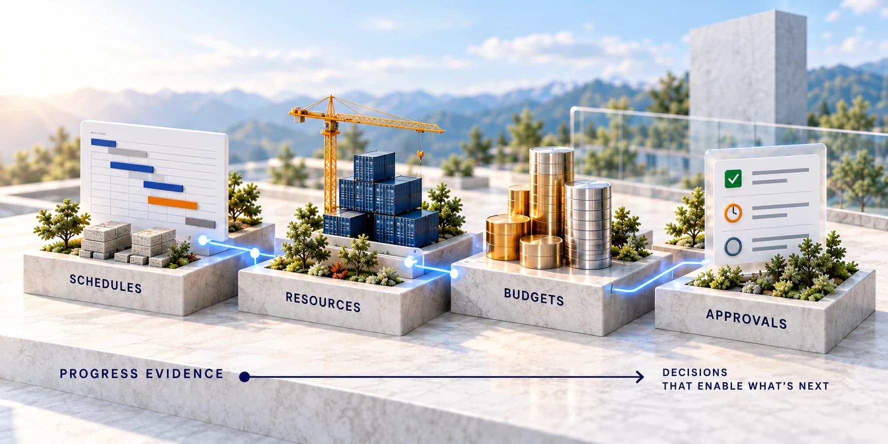 Four linked stone plinths hold a schedule, construction resources, budget columns and approval checklist; progress evidence points towards enabling decisions.