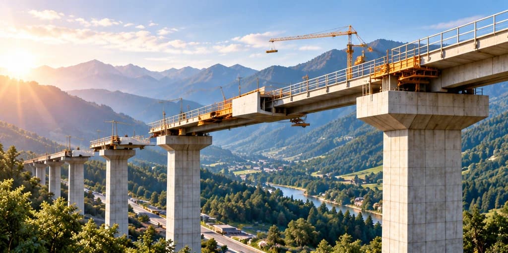Elevated concrete bridge under construction across a mountain valley.