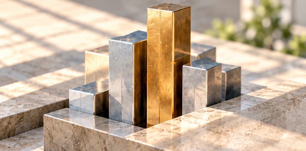 Brass and silver sculptural bars illustrating budget allocation.
