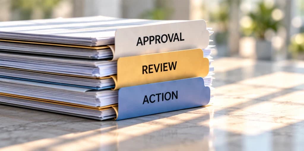 Organised records with approval, review and action tabs.