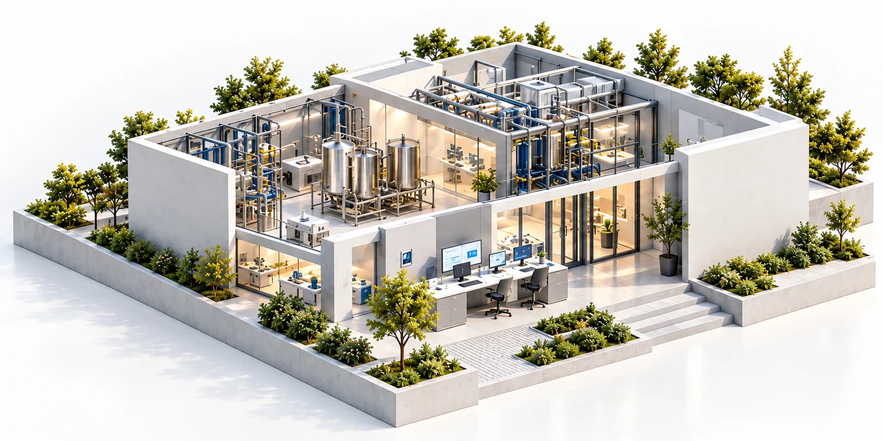 Cutaway R&D facility shows process vessels, pipes and an empty receiving-operation control area.