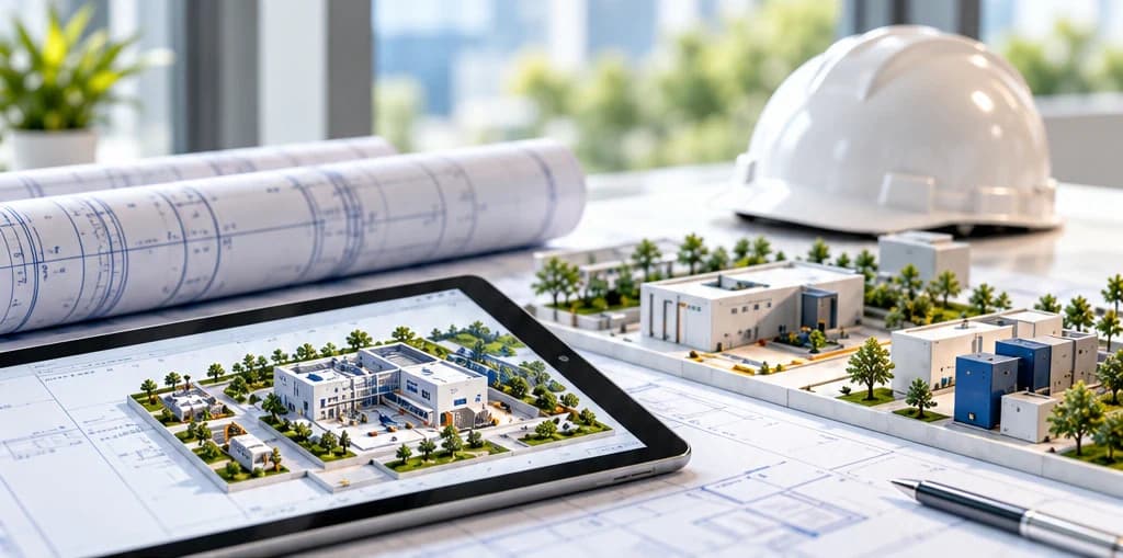 Hardhat, plans, tablet and miniature research facility layout on a desk.