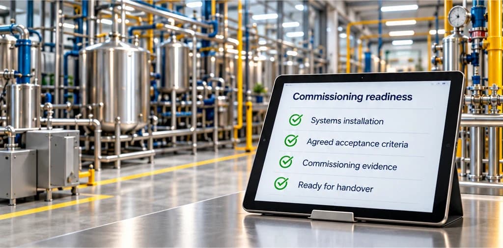 Illustrative commissioning checklist on a tablet inside a stainless process installation.