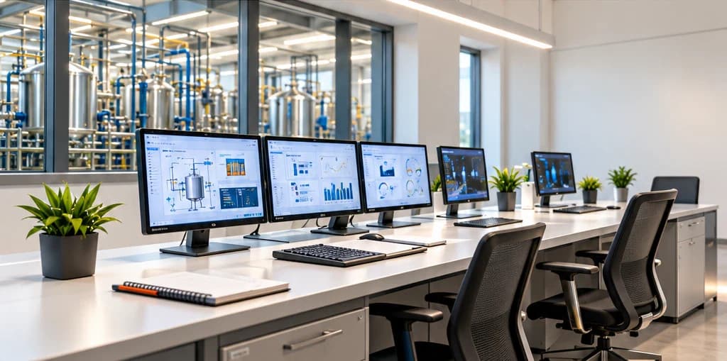 Empty control room overlooking stainless process equipment.