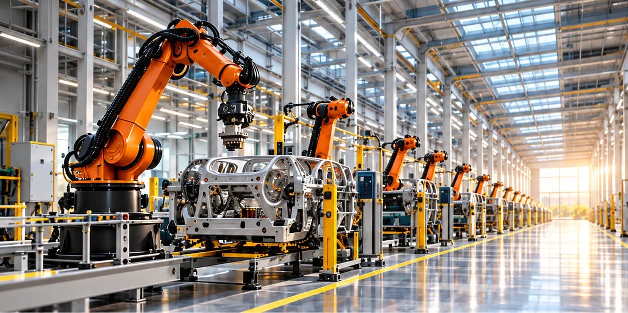 Empty automated vehicle assembly line with orange robot arms and no people.