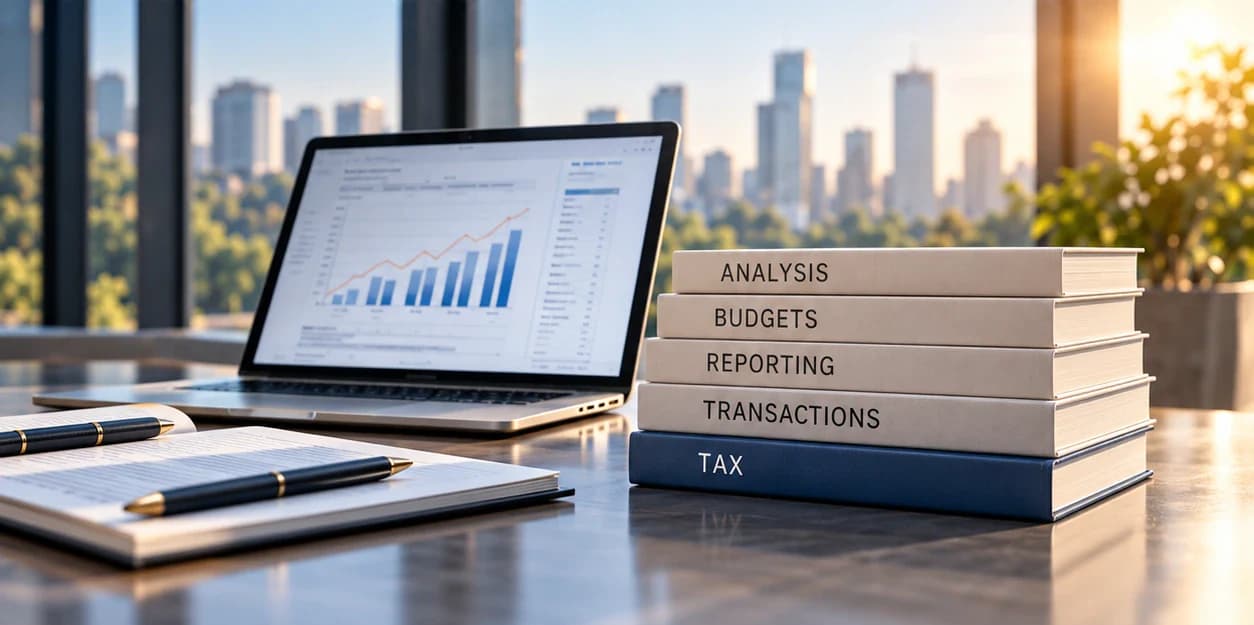Finance desk with a schematic laptop chart and books for analysis, budgets, reporting, transactions and tax.