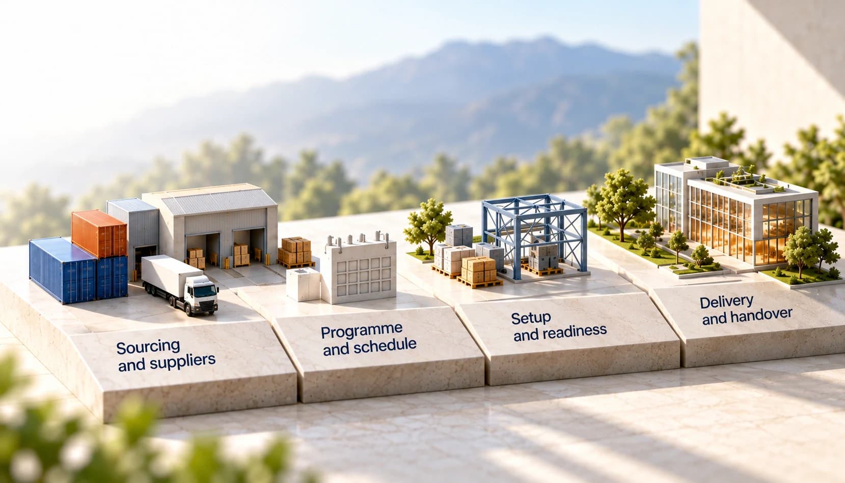 Independent illustrative delivery contexts: warehouse and suppliers, programme calendar, setup readiness and operating handover, on separate limestone plinths.