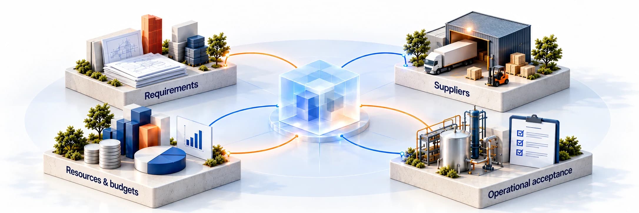 Four miniature islands for requirements, suppliers, resources and budgets, and operational acceptance connect through coloured arcs to a transparent hub.