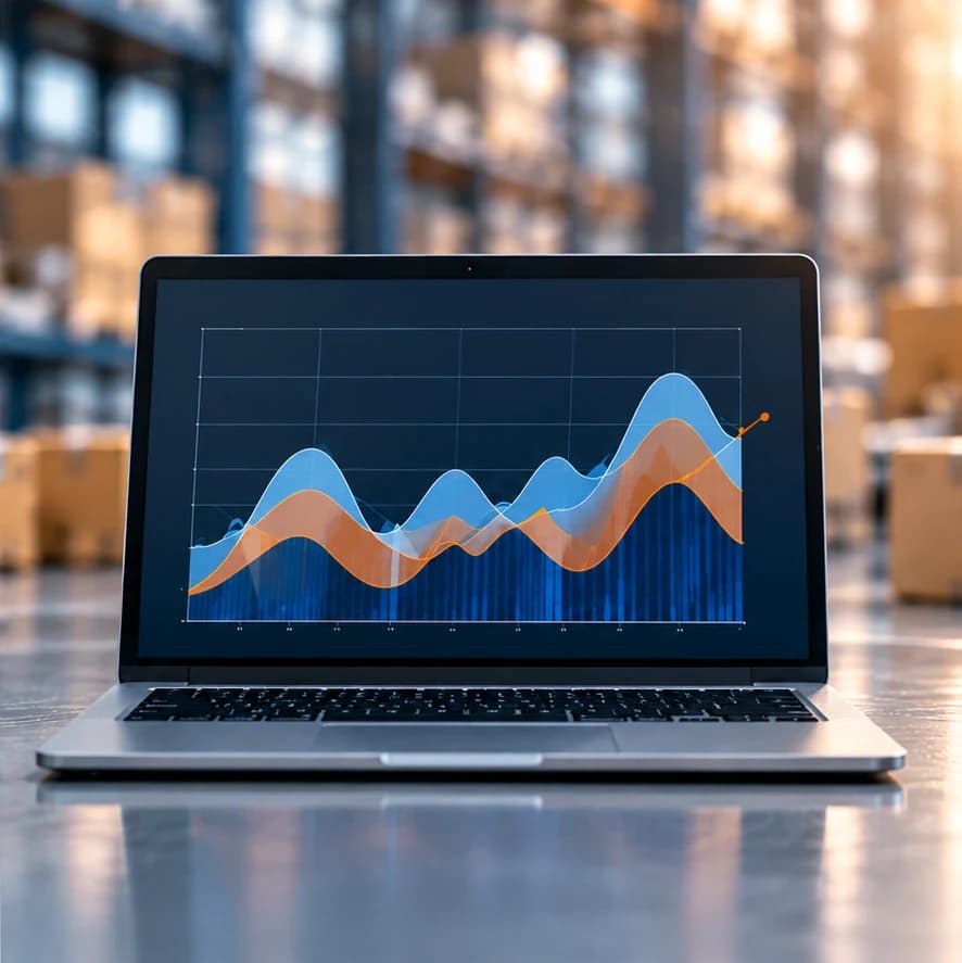Laptop displaying schematic overlapping blue and orange forecasting waves.