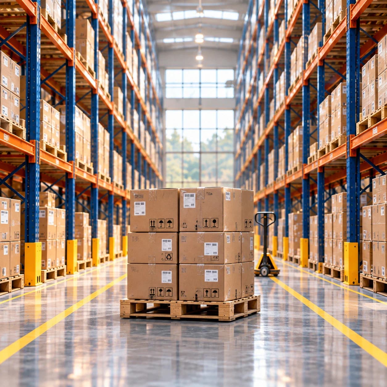 Complete cardboard boxes on a pallet in the centre of an orange-and-blue warehouse aisle, without people.