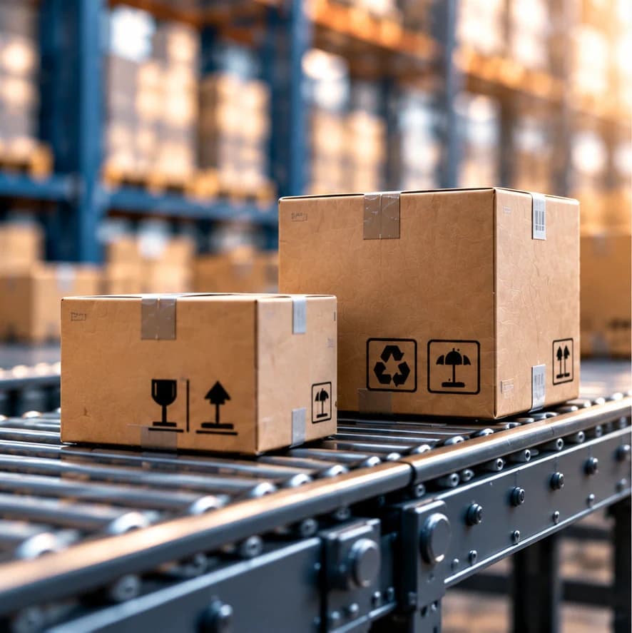 Cardboard packages moving along a roller conveyor.