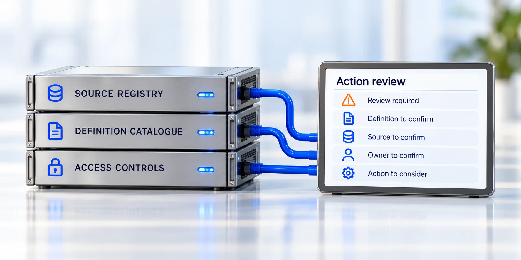 Source, definition and access modules connect to a tablet listing action-review questions.