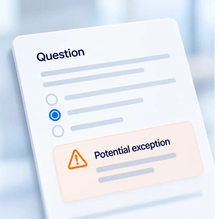 Illustrative question panel identifies a potential exception.