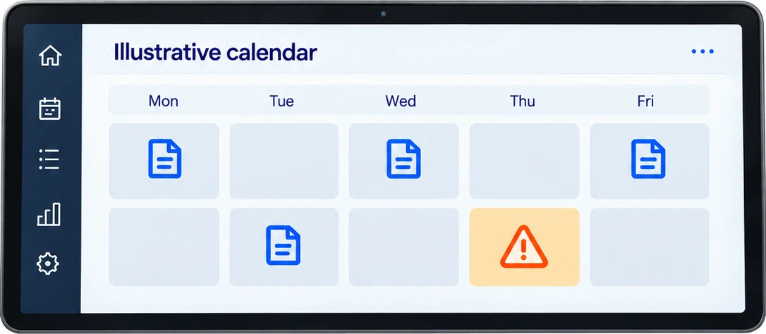 Illustrative calendar on a freestanding tablet with document and review symbols.