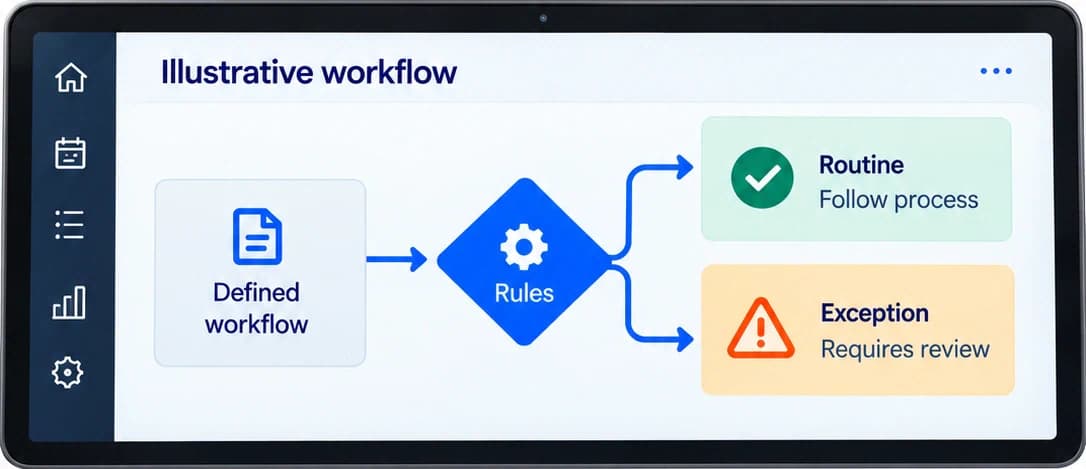 Illustrative tablet workflow branches from defined rules to routine or exception review.
