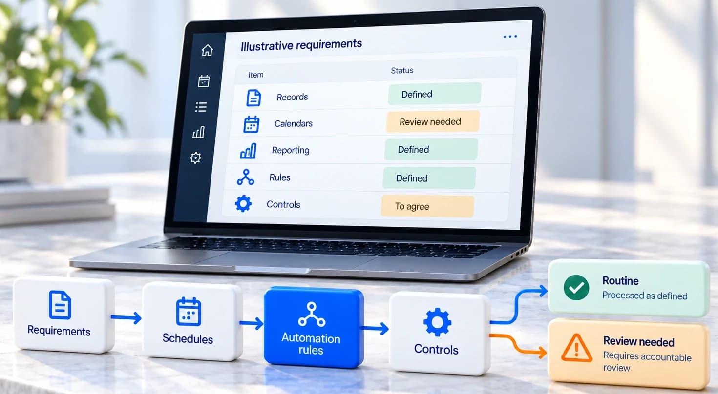 An illustrative requirements laptop and process blocks connect repeatable work and rules to routine handling or accountable review.