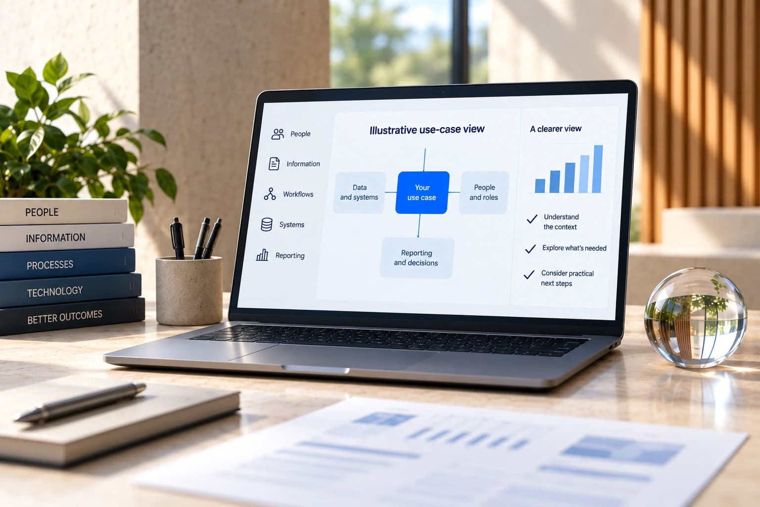 A laptop connects an operating use case to data, people and decisions on a warm desk with reference books and a glass orb.