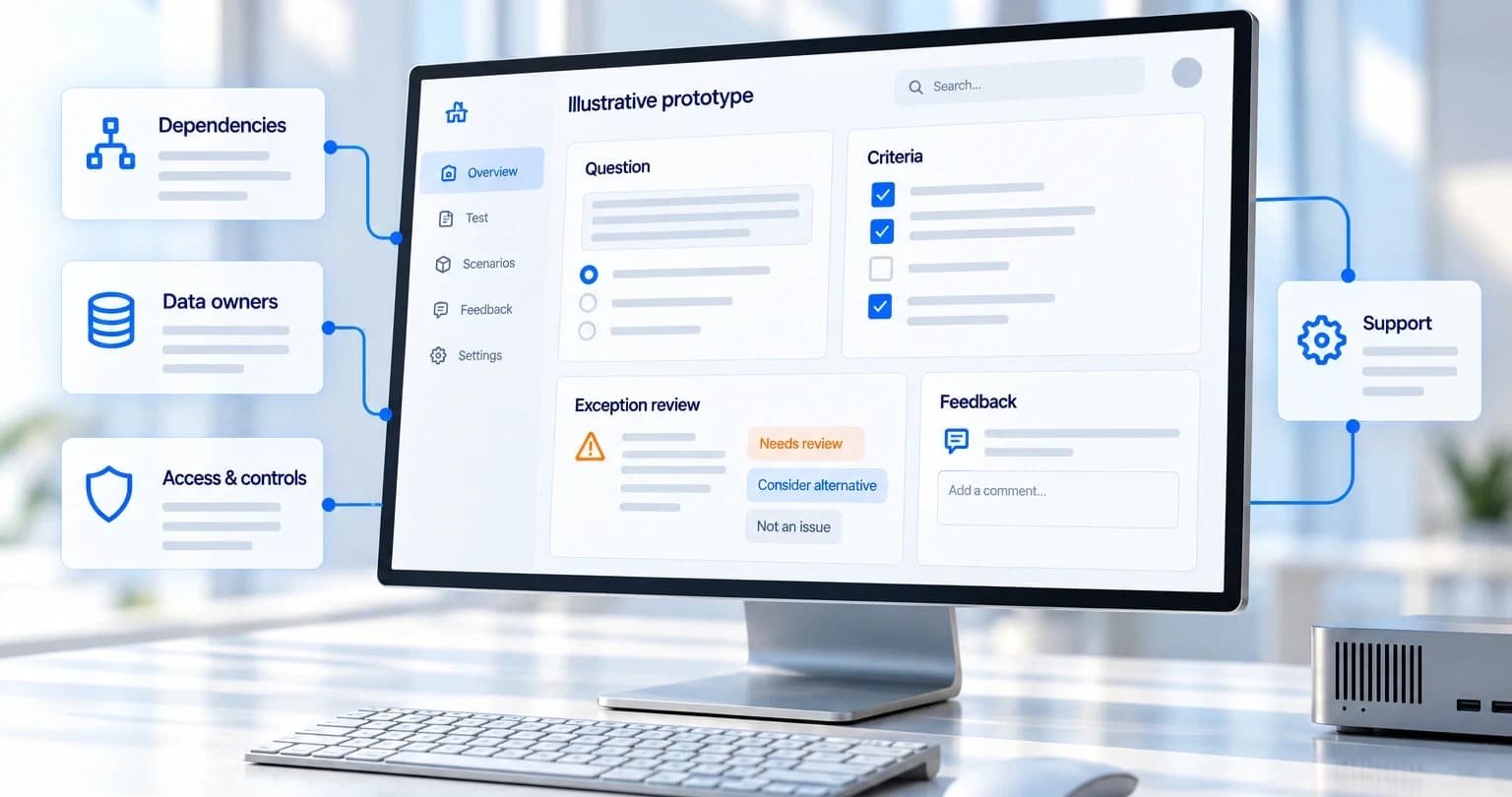A proposed software view connects user questions and exception review to dependencies, data owners, access controls and support.
