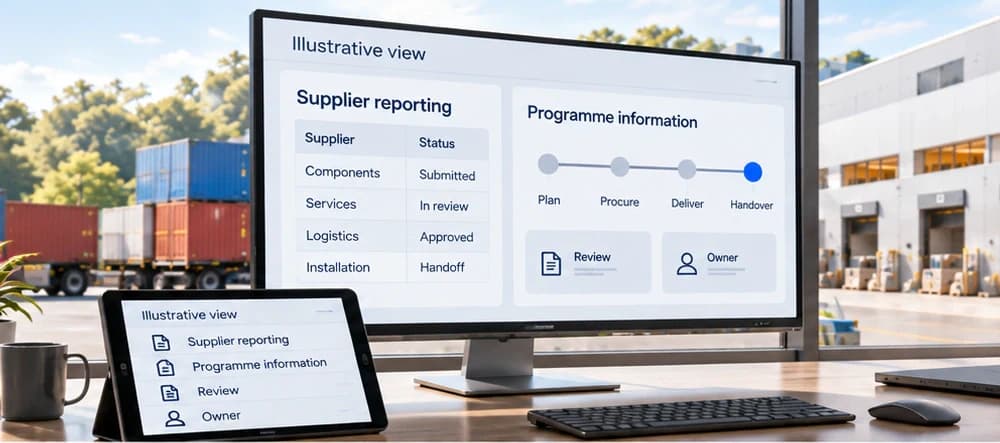 Illustrative supplier and programme information on devices overlooking a logistics facility.
