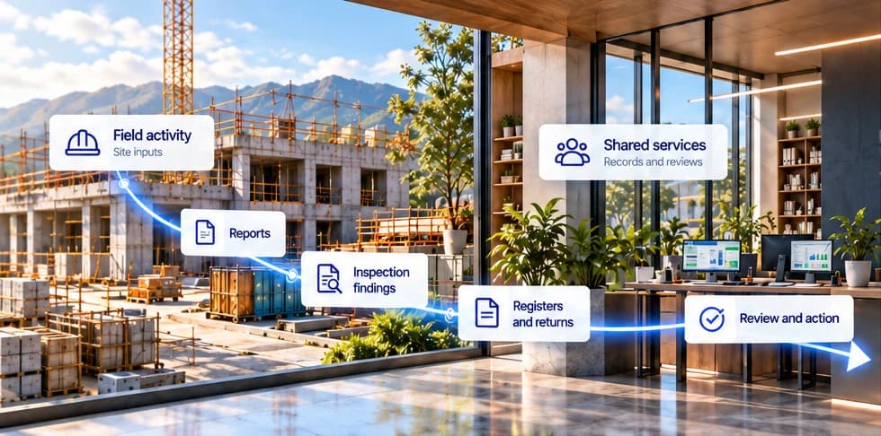 A worker-free construction site connects reports and inspection findings to shared records, review and action.