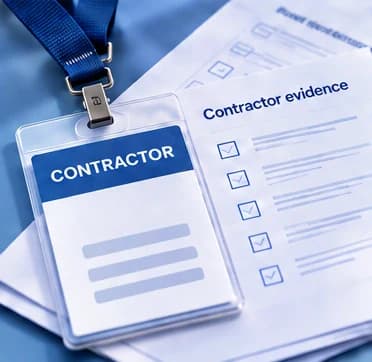 An anonymous contractor badge lies beside fictional contractor evidence records.