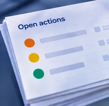 An illustrative open-actions record uses orange, yellow and green markers without measured results.