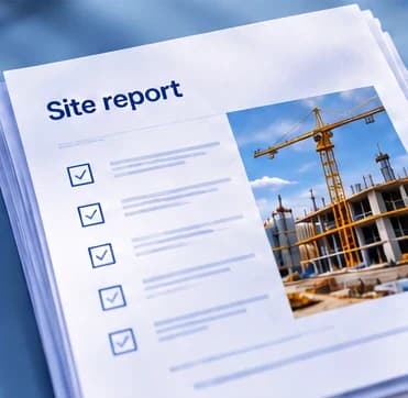 A fictional site report includes a worker-free construction image and record checklist.