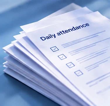 Fictional daily attendance records with anonymous checklist lines.