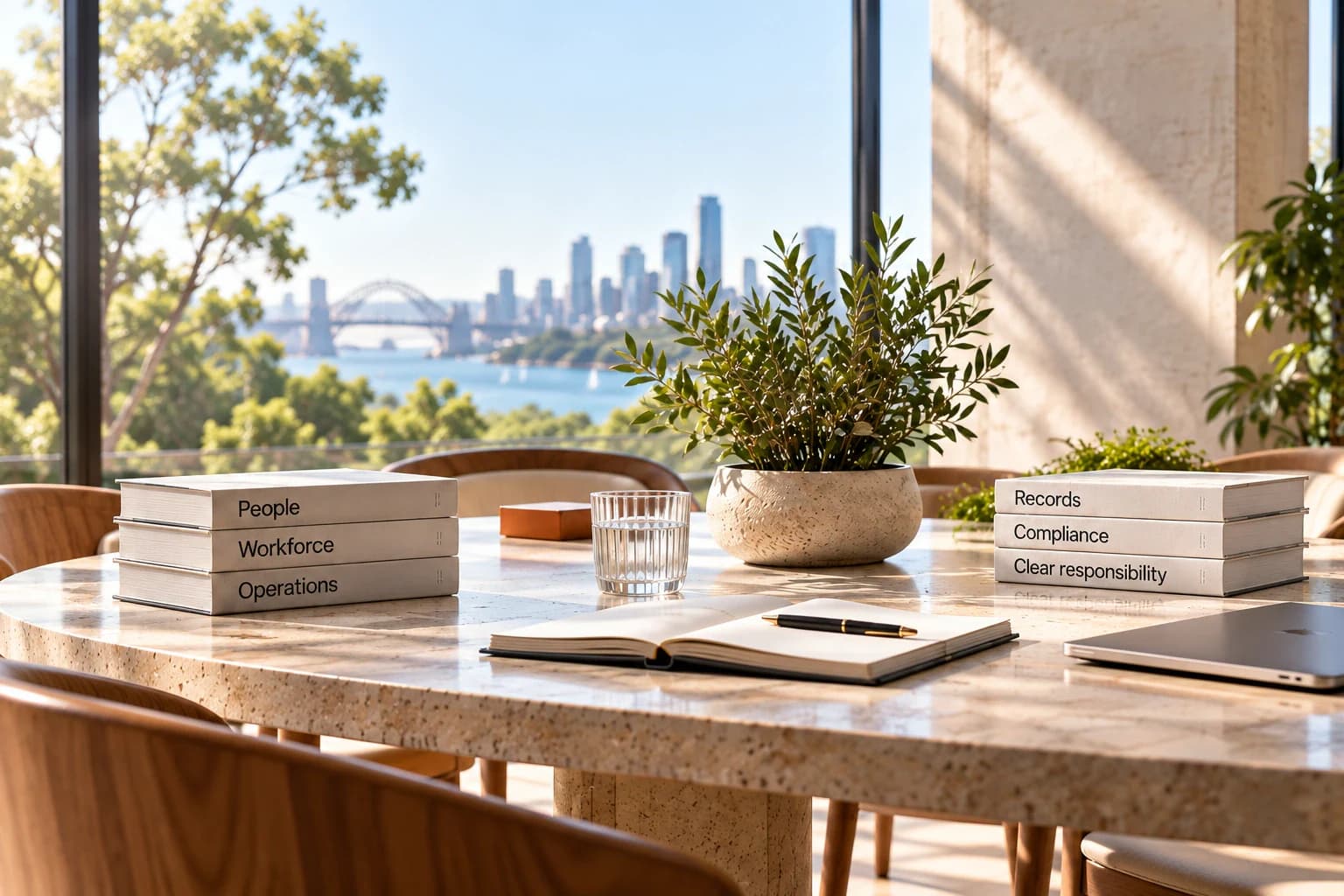 An empty sunlit meeting table holds workforce books, responsibility records and an open notebook.