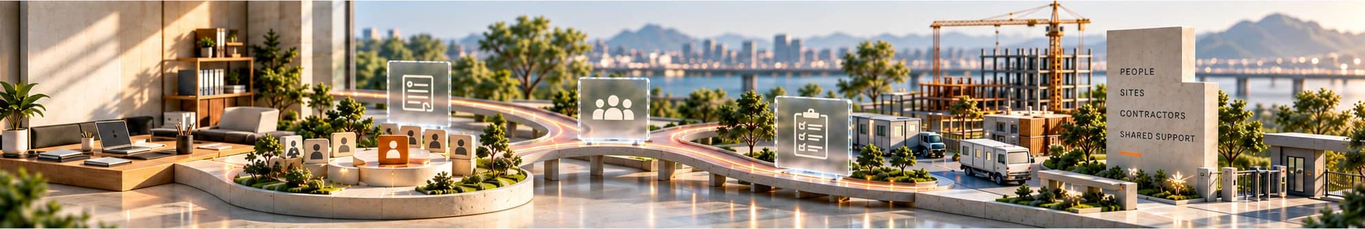 An illustrative office, symbolic workforce roles, document plaques and worker-free site connected through shared support.