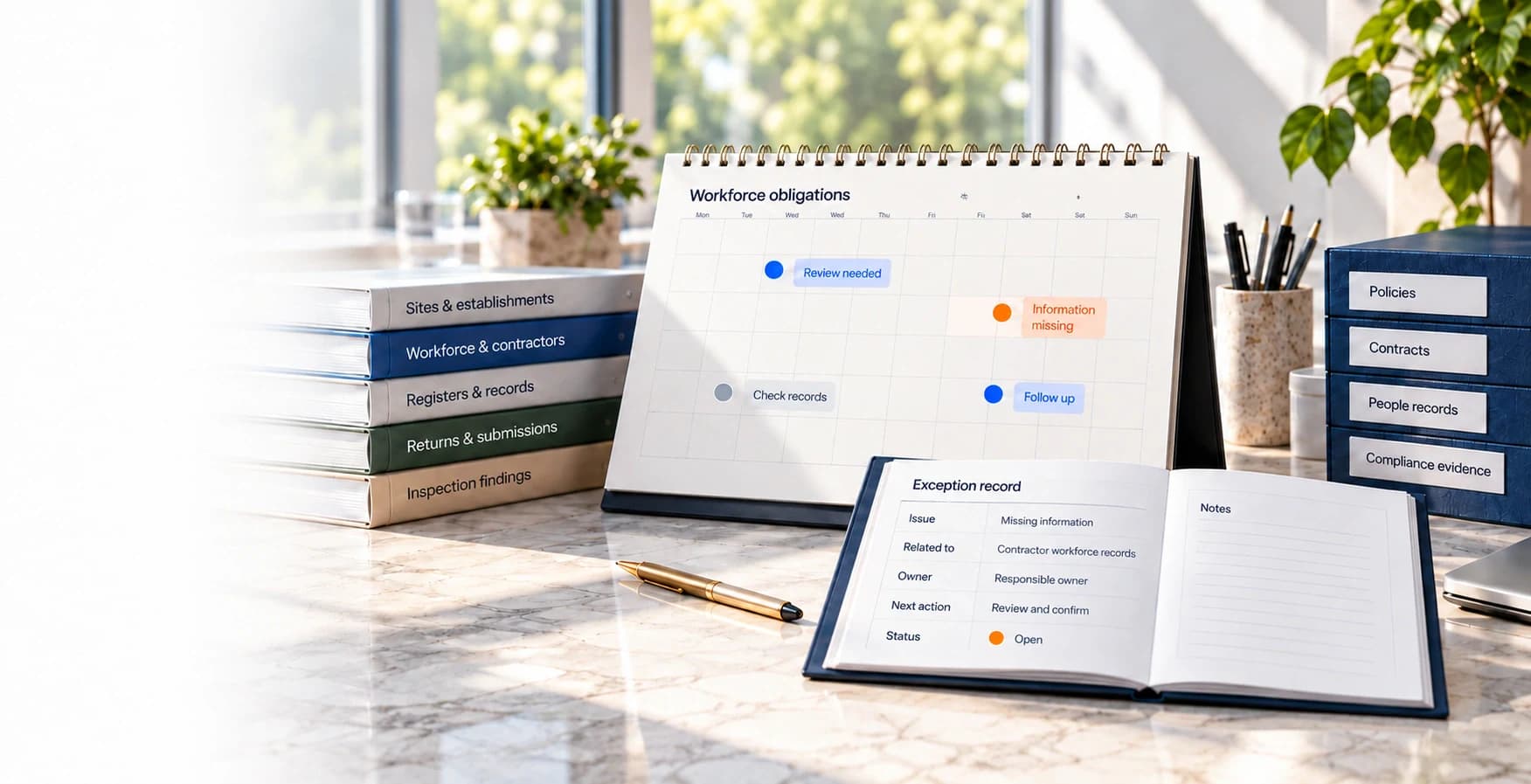 A workforce-obligations calendar and exception notebook show review needs, missing information and a responsible owner.
