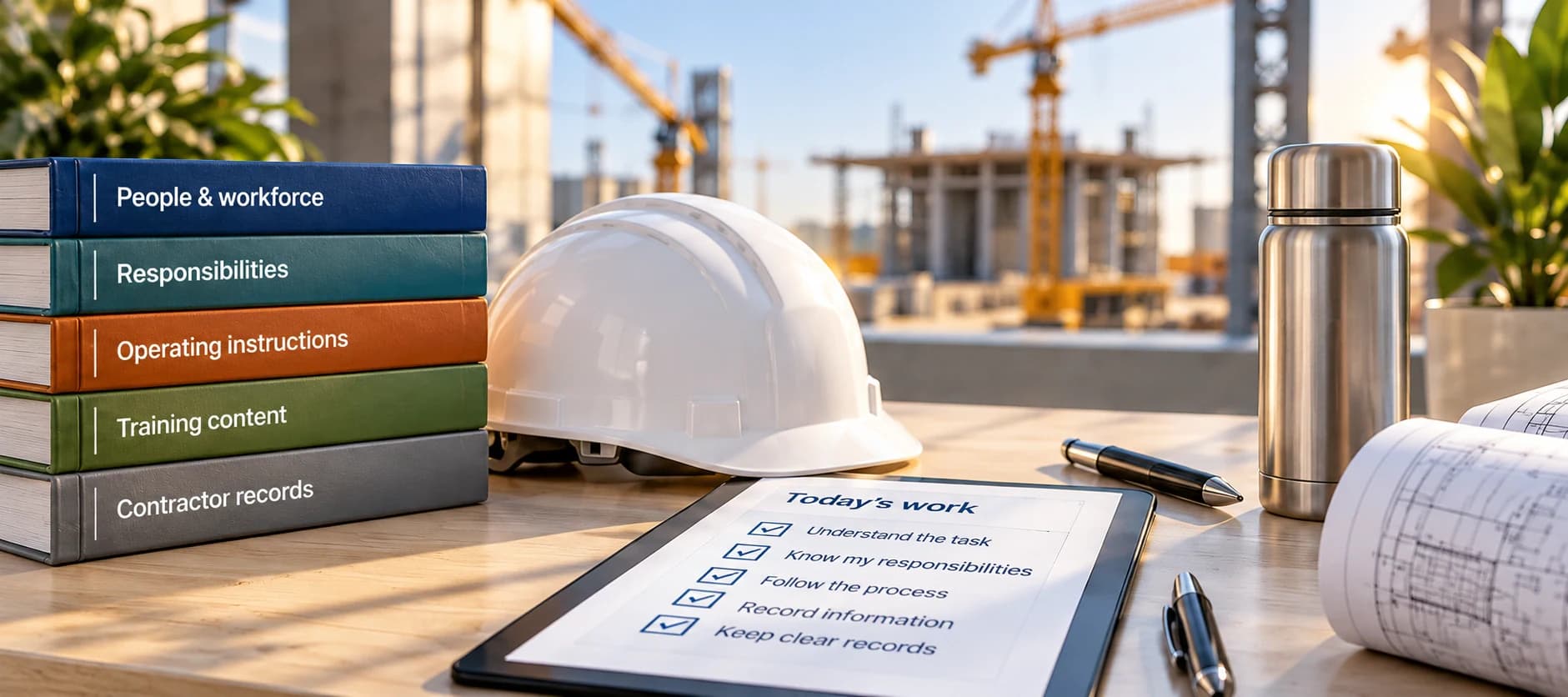 Workforce responsibility books, a plain hardhat and a practical task checklist sit on a sunlit desk.