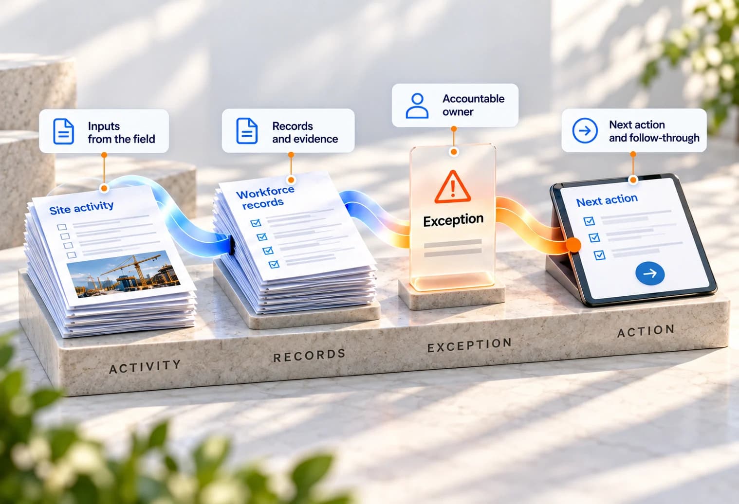 An example handoff connects site information and records to an exception, accountable owner and next action.