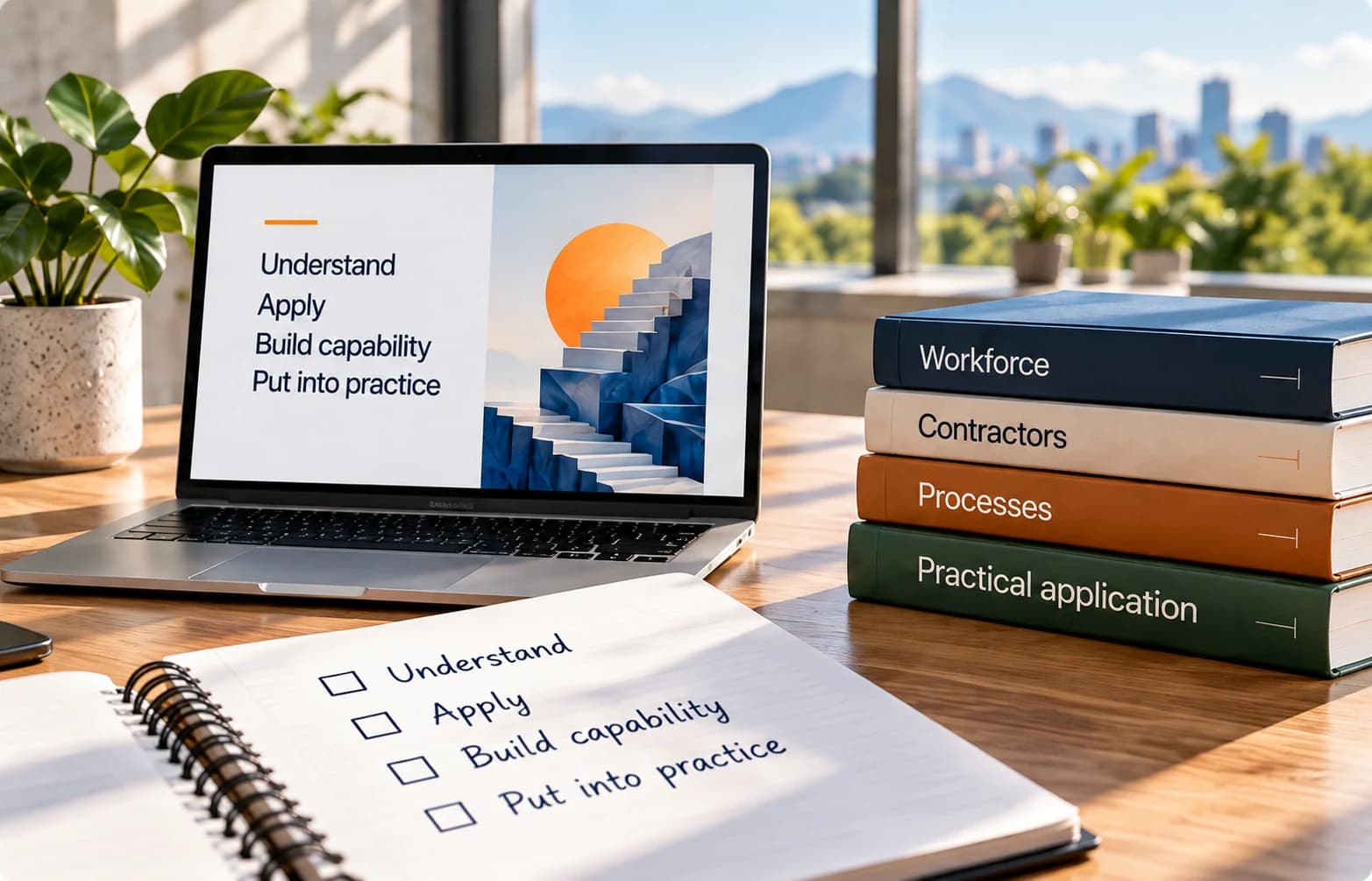 A laptop, workforce books and a notebook checklist connect understanding to practical application.