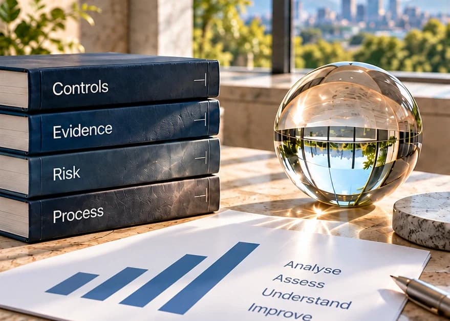 Controls and evidence books, an optical sphere and an abstract chart suggest scoped independent review.