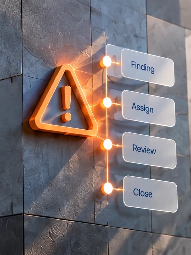 A glowing exception marker connects a finding to assignment, review and closure.