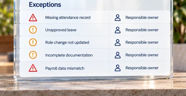 Five illustrative workforce exceptions each require a responsible owner.