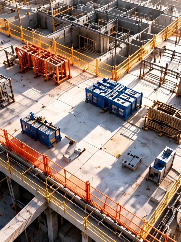 A worker-free site displays organized construction materials and equipment.