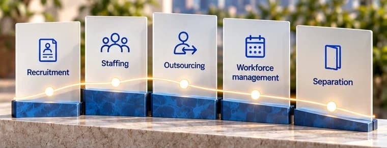 Five workforce lifecycle plaques sit on a connected stone base.