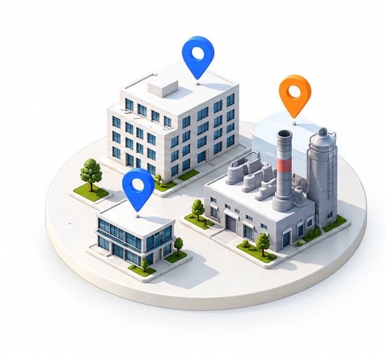 Model establishments and a factory are marked with location pins.