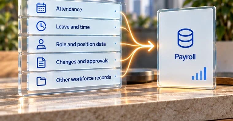 Attendance and workforce input records connect to an illustrative payroll tile.