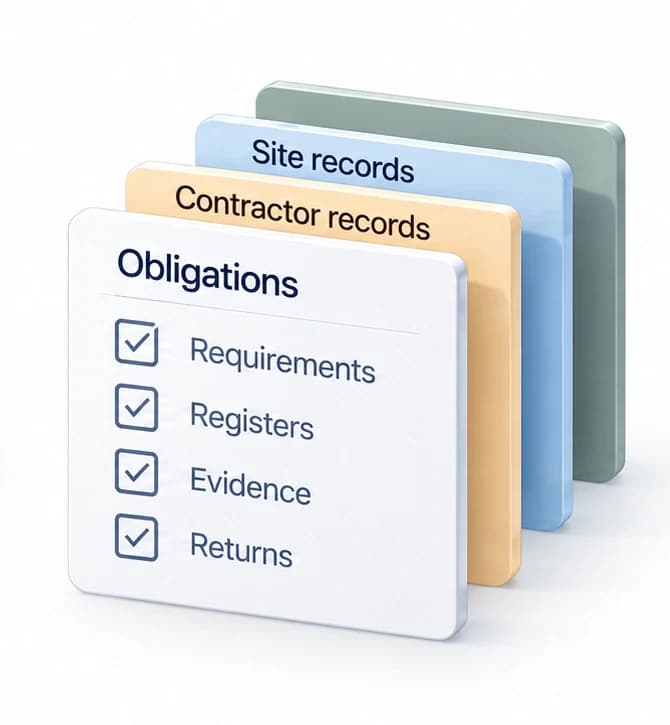 Site and contractor record folders connect requirements, registers, evidence and returns.