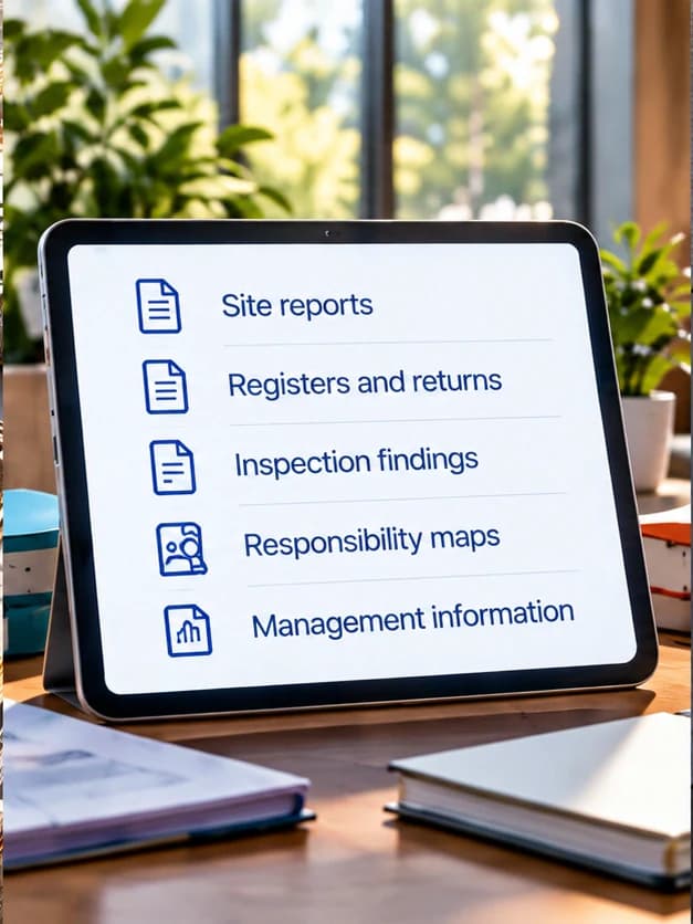 An illustrative tablet lists site reports, registers, inspection findings, responsibility maps and management information.
